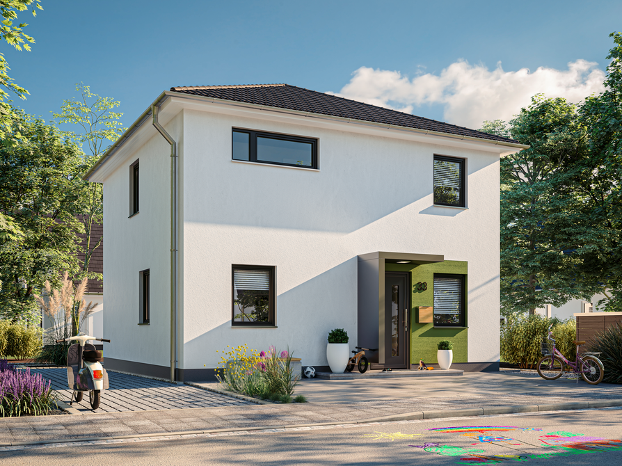 Das Stadthaus 100 mit Blick auf den Eingang mit Vordach und grünem Akzent