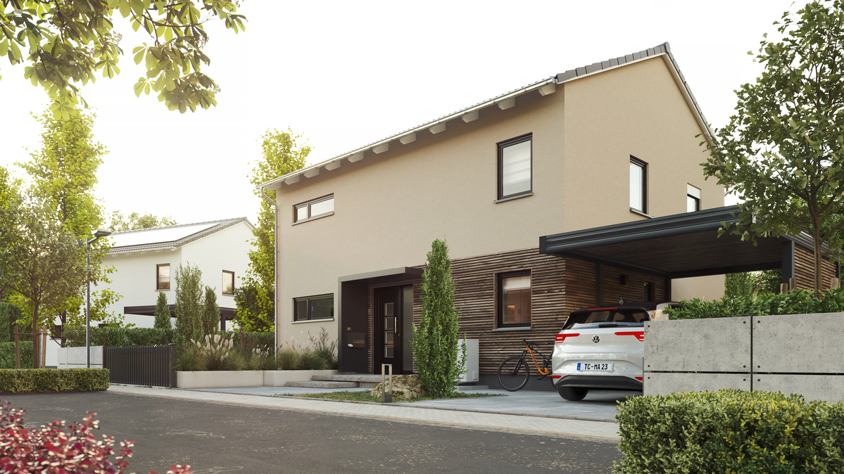 Das Stadthaus Flair 152 RE mit Blick von der Straße auf das Haus mit Carport
