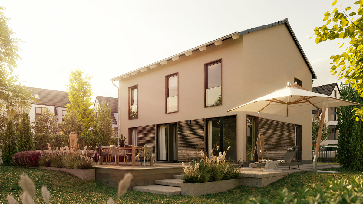 Das Flair 152 RE mit Satteldach mit Blick in Garten auf das Stadthaus