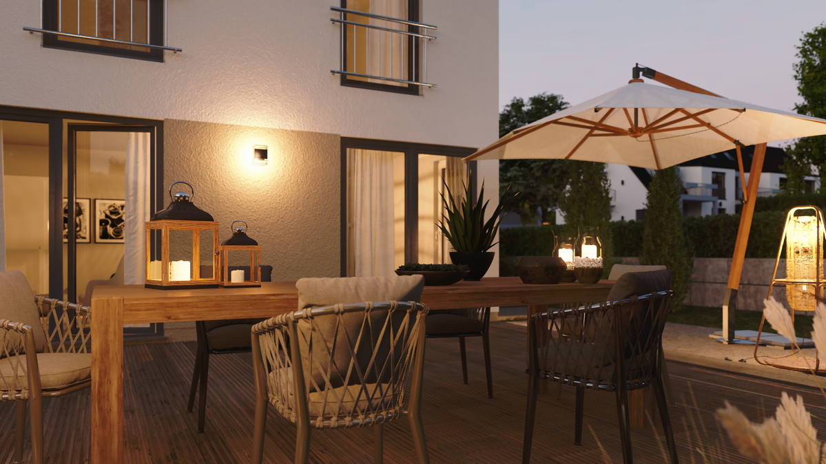 Das Flair 152 RE mit blick vom Garten auf die Terrasse