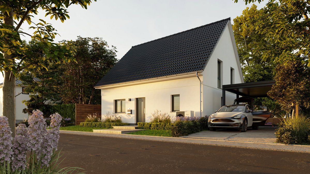 Straßenansicht des Edition Clever 138 plus mit Blick auf den Eingangsbereich und Carport