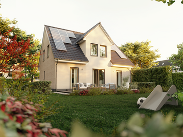 Das Flair 134 mit Blick in den Garten auf das Einfamilienhaus mit PV-Anlage